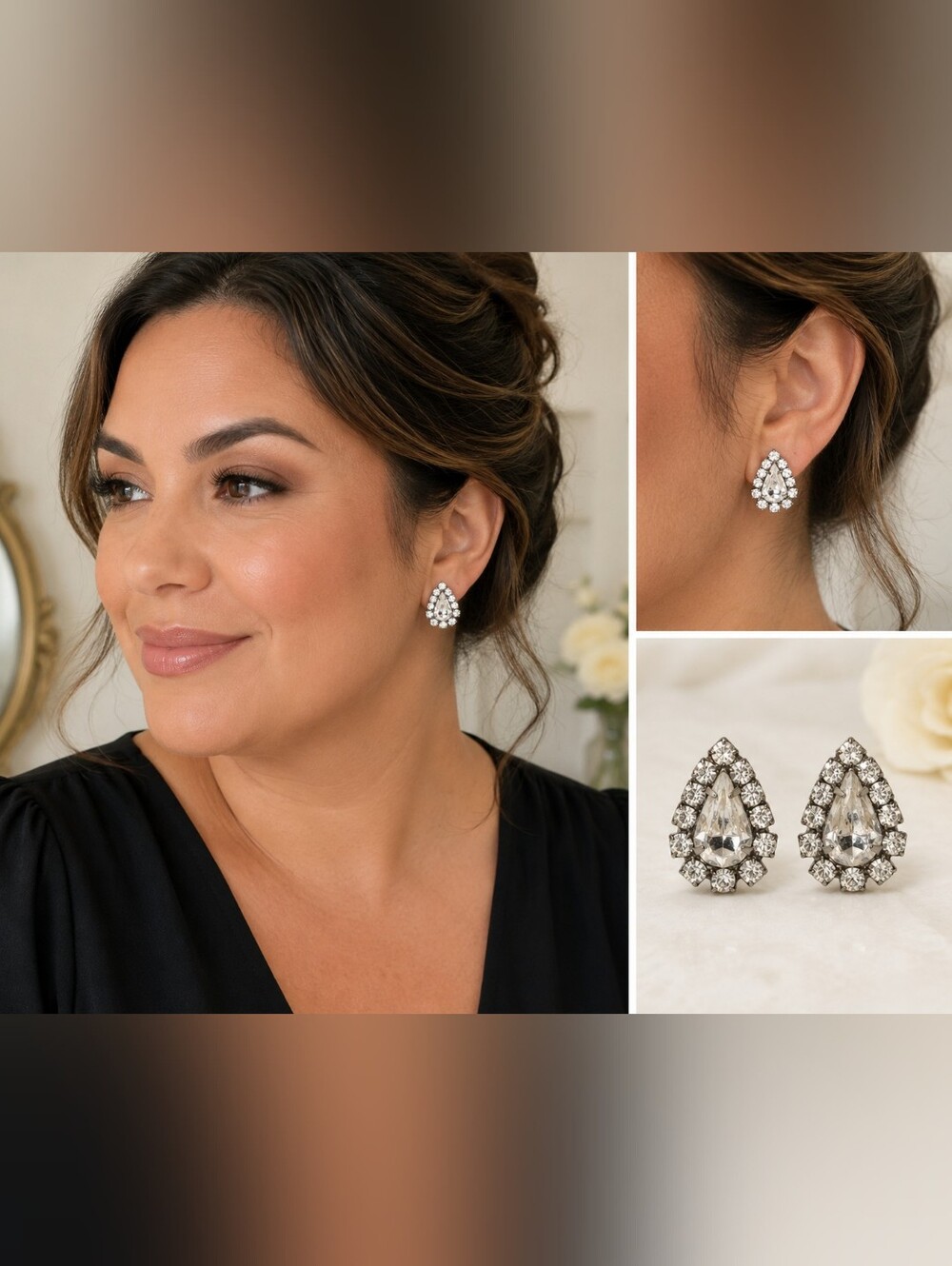 Vintage 1" Clear Rhinestone Teardrop Pierced Stud Earrings Silver Tone